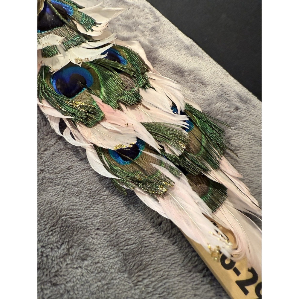 Vintage Gold Pinkish Peacock Real Feathers Clip On Christmas holiday ornament - Picture 4 of 11